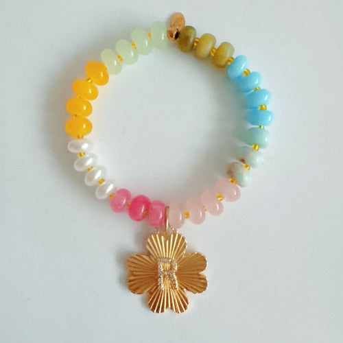 Color Garden Initial Bracelet – Bright Beads with Clover Charm Accent