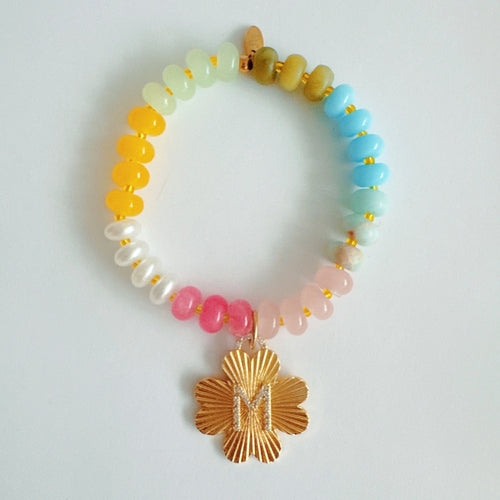 Color Garden Initial Bracelet – Bright Beads with Clover Charm Accent