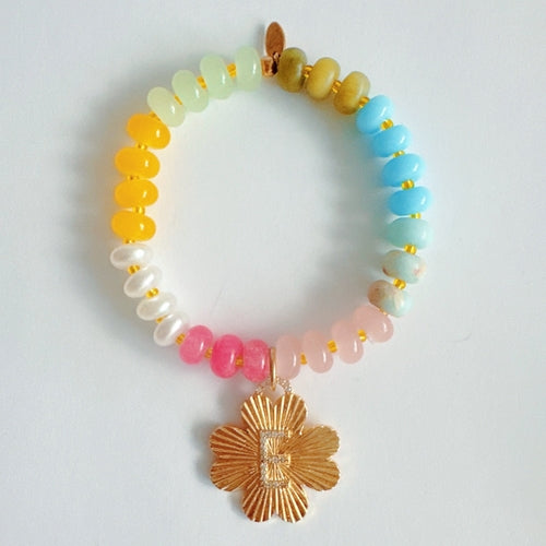 Color Garden Initial Bracelet – Bright Beads with Clover Charm Accent