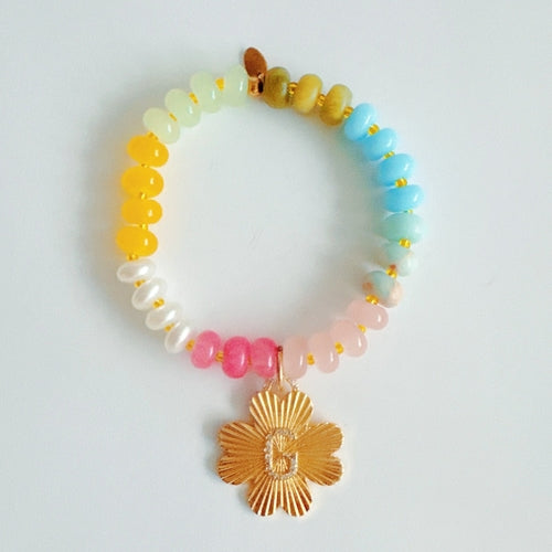 Color Garden Initial Bracelet – Bright Beads with Clover Charm Accent