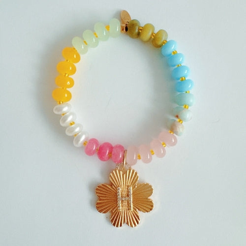 Color Garden Initial Bracelet – Bright Beads with Clover Charm Accent
