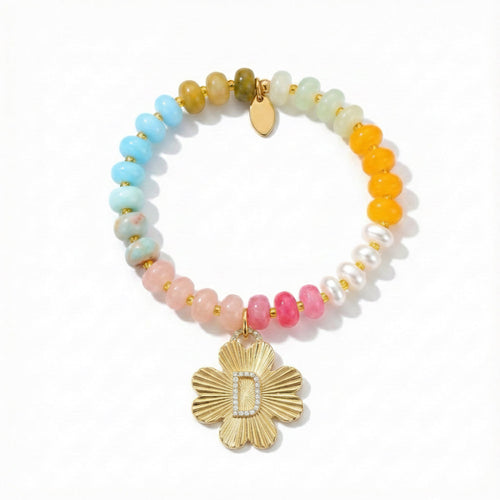 Color Garden Initial Bracelet – Bright Beads with Clover Charm Accent