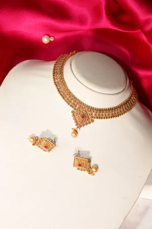 Red Premium Stylish Gold Plated Jewellery Set With Earring