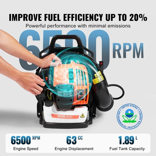 Backpack Leaf Blower, 63CC 2-Cycle Gas Leaf Blower with 1.89L Fuel