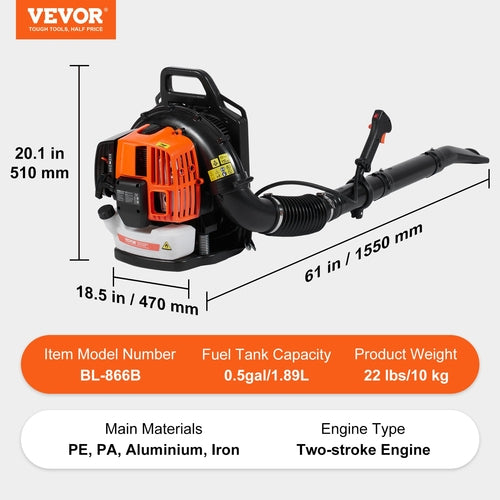 Backpack Leaf Blower, 63CC 2-Cycle Gas Leaf Blower with 1.89L Fuel