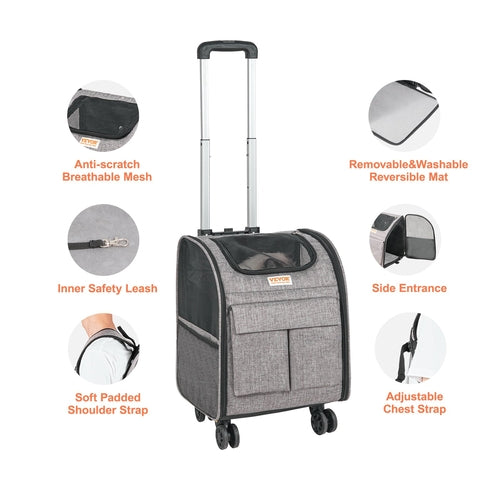 Cat Carrier with Wheels, Rolling Pet Carrier with Telescopic Handle