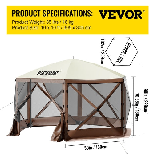 Gazebo Screen Tent, 10 x 10 ft, 6 Sided Pop-up Camping Canopy Shelter
