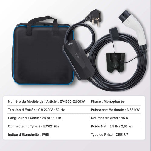 Portable EV Charger Type 2, 16A 3.7 kW, Electric Vehicle Car Charger