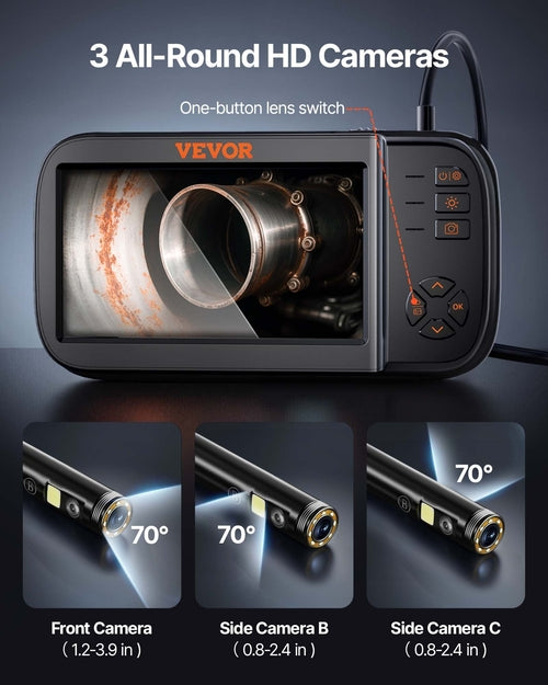 Triple Lens Endoscope Camera, 11.4 cm IPS Screen Borescope Inspection