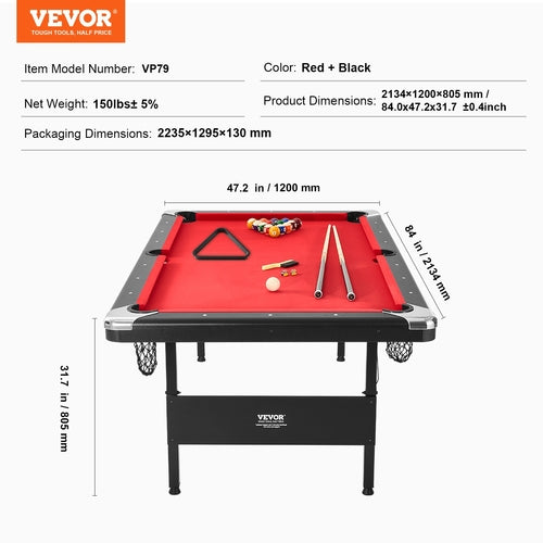 Billiards Table, 213 cm Pool Table, Portable Foldable Space-Saving